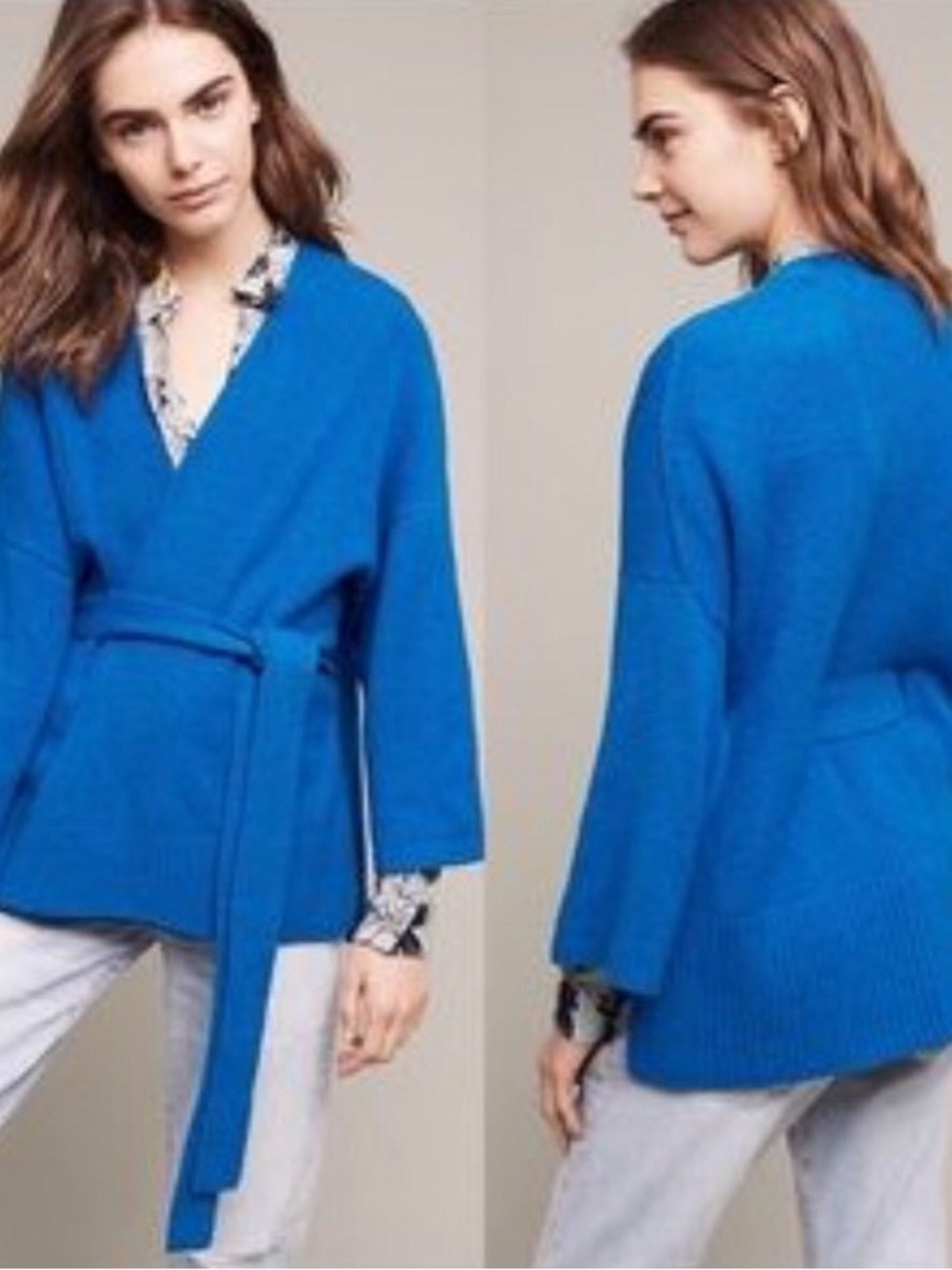 Anthropologie Alcott Sleeping on Snow Belted Cardigan Sweater Size L Royal Blue